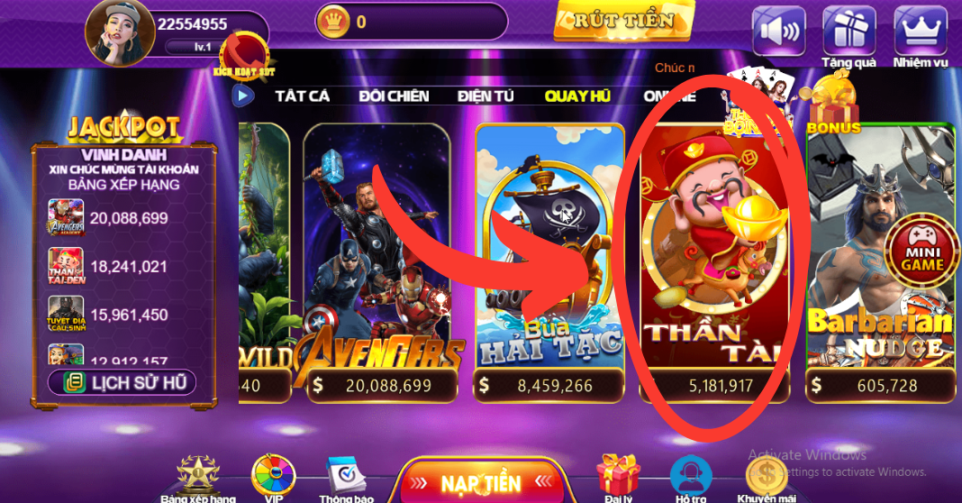 Chọn game Thần Tài trong mục Quay Hũ của 68 Game Bài.